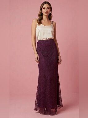 NWT Sara Mique Burgundy Lace Maxi Skirt Formal, Boho, Elegant Size XS